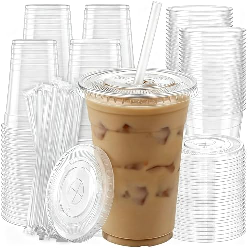 100 Pack 16 oz Disposable Plastic Cups with Lids