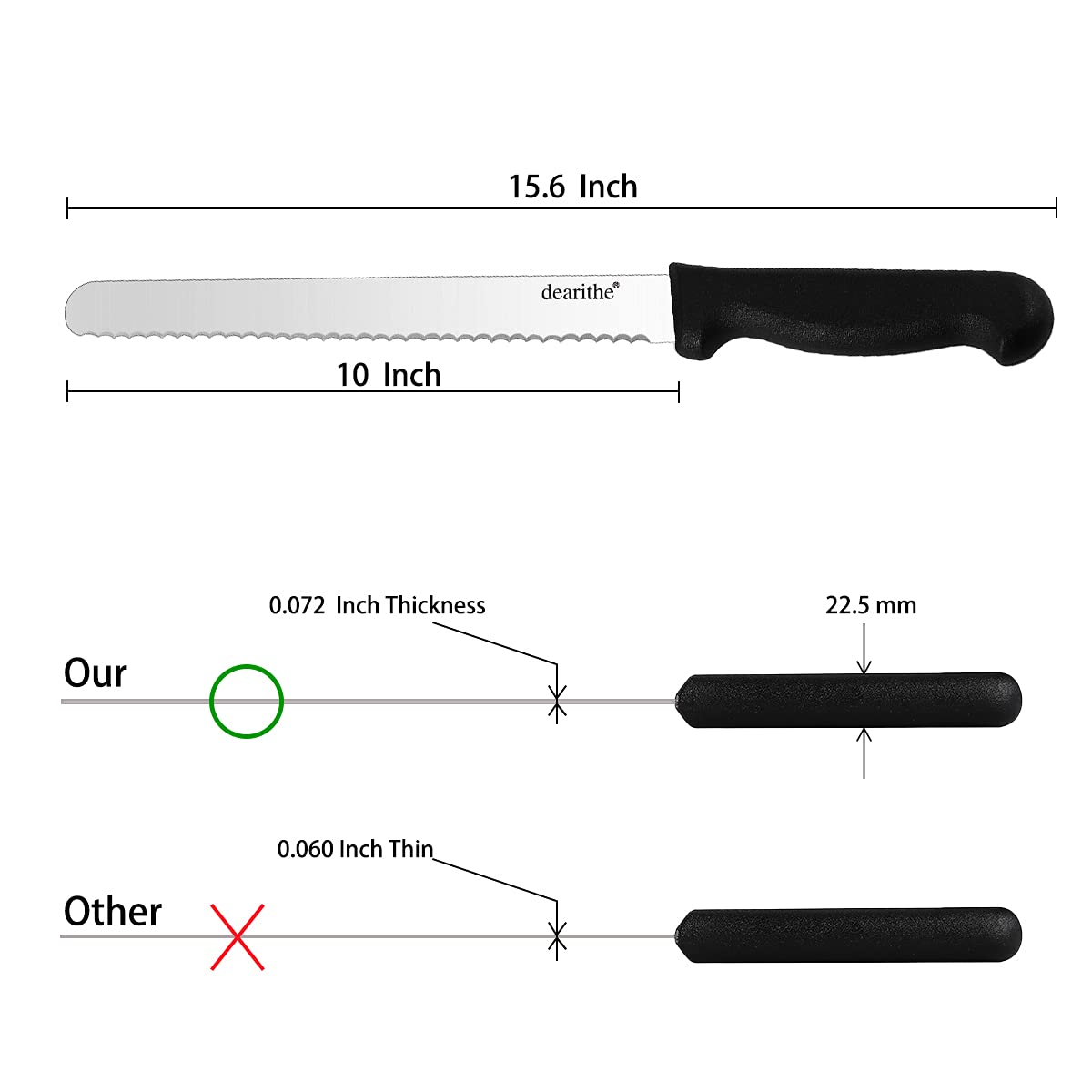 dearithe Serrated Bread Knife with Sheath, Plus a Free 304 Butter Knife,10 inch Black Stainless Steel Sharp Wavy Edge Wide Bread Cutter, For Homemade Bread, Bagels, Cake. Dishwasher Safe