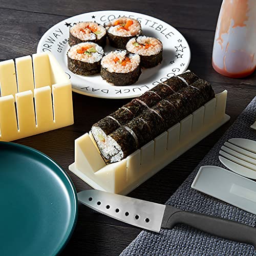 HI NINGER Sushi Making Kit- All In One Sushi Set 10 Piece Plastic Sushi Maker Tool with 8 Different Shapes of Sushi Rice Roll Mold Shapes Fork Spatula DIY home Sushi Tools- Off-white