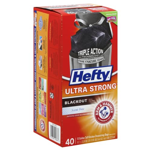 Hefty Ultra Strong Tall Kitchen Trash Bags, Blackout, Unscented, 13 Gallon, 40 Count
