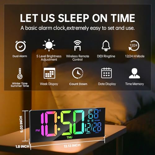 MEISD Digital Wall Clock, 13" Large Display Alarm Clock with Remote Control, RGB Colors, Dual Alarm, Auto-Dimming,Wall Clock with Night Light, Auto DST, Date Week,Temperature for Living Room, Bedroom