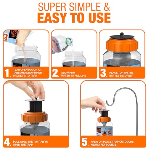 BLACK+DECKER Fly Trap & Fly Catcher Bottle- Outdoor Reusable Hanging Fly Trap with Natural Non-Toxic Bait Add Water to Catch House & Horse Flies in Garden, Backyard & Barn 30-Gram Trap