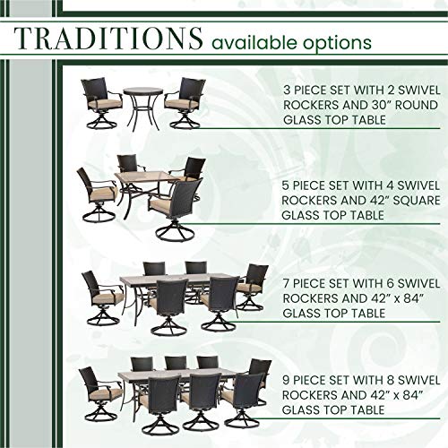 Hanover Traditions 5-Piece Outdoor Dining Set, All-Weather Patio Dining Set for 4 with Cushioned Wicker Back Cast Aluminum Swivel Rocker Chairs and 42" Glass-Top Table for Patio, Backyard, Deck, Porch