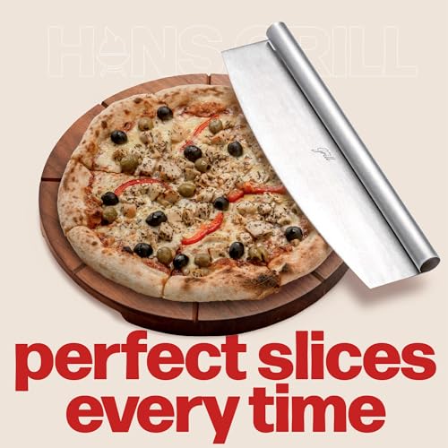 Hans Grill Pizza Cutter and Round Serving Board Gift Set | Professional Stainless Steel Food Slicer with 13.5" Acacia Wooden Board | Perfect for Slicing and Serving Pies, Pizza, Cake and Cheese