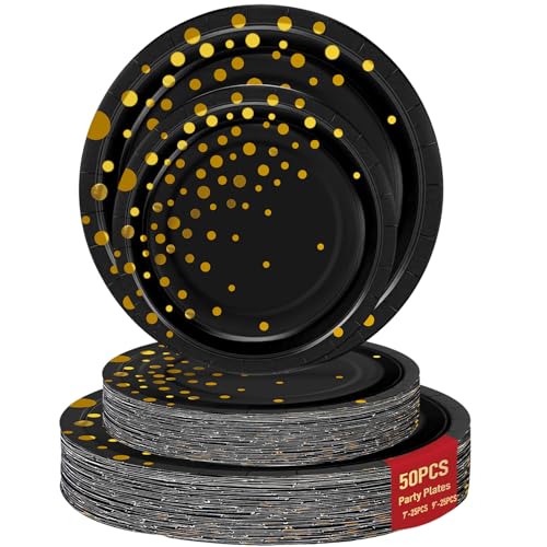 50 Count Gold Dot Disposable Party Plates Set