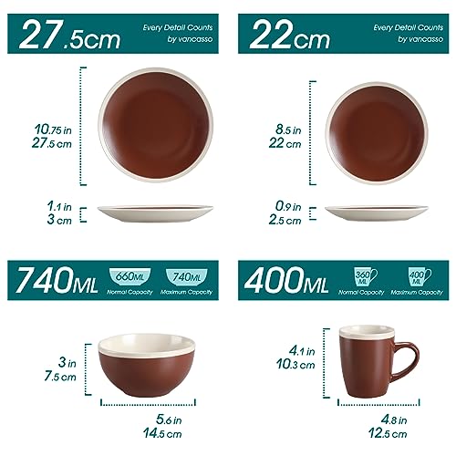 vancasso Seesami 16 Pieces Dinnerware Set Service For 4, Dark Brown and Cream Stoneware Made With Bowls Dinner Plates Dessert Plates and Mugs