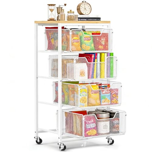4-Tier Rolling Cart with Drawers and Wooden Top