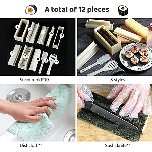 HI NINGER Sushi Making Kit- All In One Sushi Set 10 Piece Plastic Sushi Maker Tool with 8 Different Shapes of Sushi Rice Roll Mold Shapes Fork Spatula DIY home Sushi Tools- Off-white