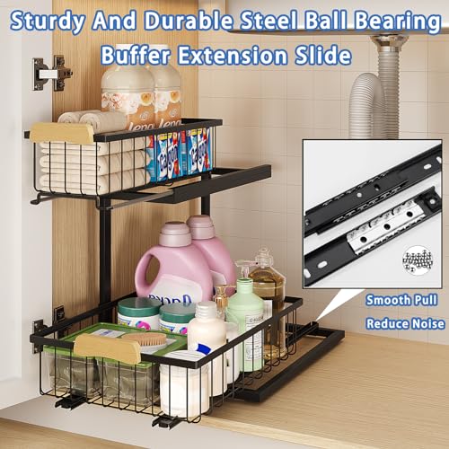 QINFZY 2 Tier Under Sink Organizer Bathroom, L Shaped Adjustable Under Sink Organizers and Storage, Metal Pull Out Under Cabinet Organizer for Bathroom Kitchen
