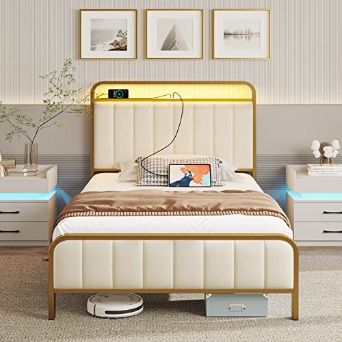 Twin Bed Frame with LED Lights and Charging Station