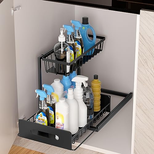 coastal rose Under Sink Organizer and Storage, 2 Tier Under Sink Cabinet Basket Storage Shelf with Sliding Drawers, Multi-Purpose Storage Shelf for Kitchen Bathroom,Black
