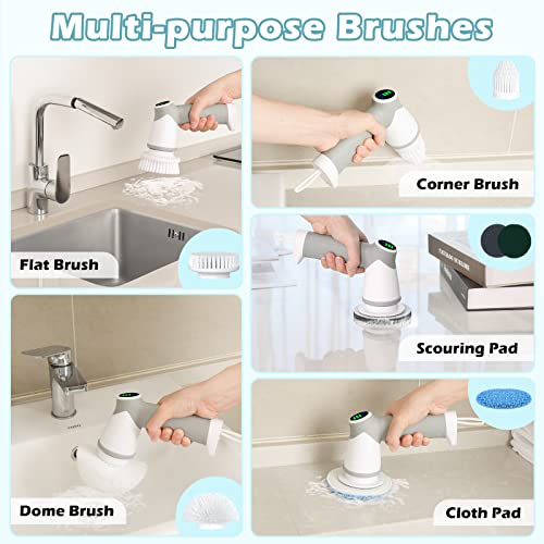 Electric spin scrubber,electric Spin Cleaning Brush IPX7 Waterproof with 6 Replaceable Brush Heads Dual Speed Led Display,Cordless Power Spin Scrubber for Bathroom/Floor/Tile/Tub/Kitchen/Stove/Car