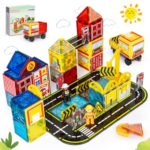Magnetic Road Tiles Set with Fire Trucks and Cranes