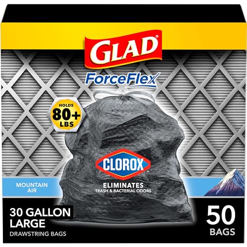 Glad Trash Bags, Large Drawstring Garbage Bags ForceFlex with Clorox, 30 Gallon Black Trash Bags, Mountain Air 50 Count (Package May Vary)