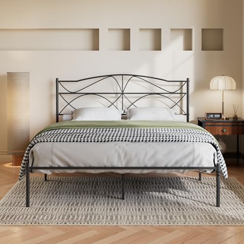 Queen Size Metal Bed Frame with Headboard, Sturdy Platform