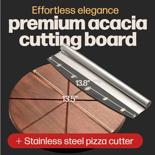 Hans Grill Pizza Cutter and Round Serving Board Gift Set | Professional Stainless Steel Food Slicer with 13.5" Acacia Wooden Board | Perfect for Slicing and Serving Pies, Pizza, Cake and Cheese