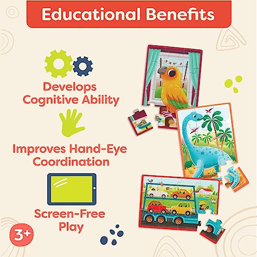 3-Pack Wooden Puzzles for Kids - Pets, Dinos, Trucks
