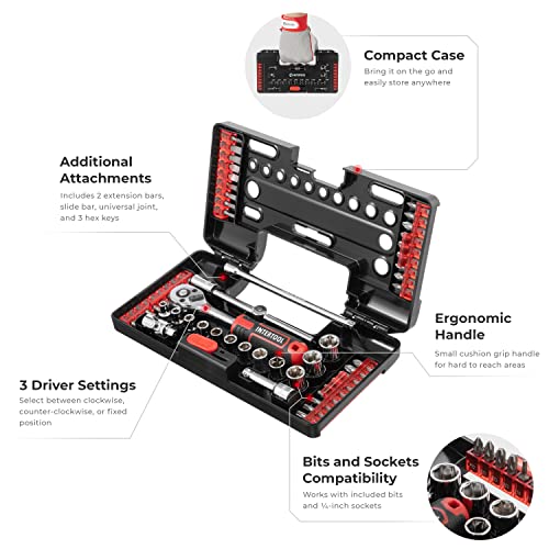 INTERTOOL 57-Piece Socket Wrench Set, 1/4” Drive, SAE & Metric, Bits & Sockets, High Strength Chrome Vanadium Steel VT08-3657