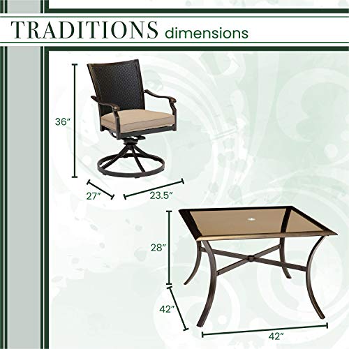 Hanover Traditions 5-Piece Outdoor Dining Set, All-Weather Patio Dining Set for 4 with Cushioned Wicker Back Cast Aluminum Swivel Rocker Chairs and 42" Glass-Top Table for Patio, Backyard, Deck, Porch