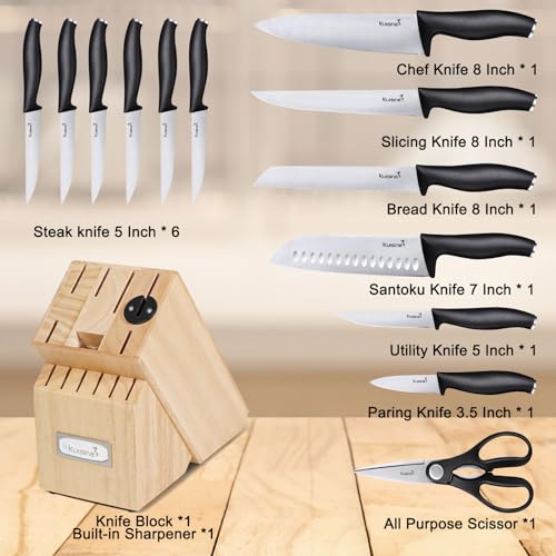Premium kitchen Chef Knife Set,High Carbon Stainless Steel Ultra Sharp Blade Ergonomic Handle,Block Knife Set with Built-in Sharpener,Elegant Gift for Holiday(Black,15PCS)