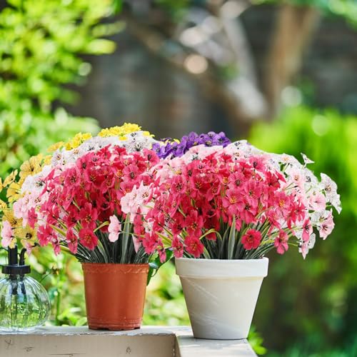 Powbrace 10 Bundles Artificial Flowers Outdoor, Faux Flowers UV Resistant with Plastic Plants, Faux Silk Flowers for Outdoors Outside Front Porch Hanging Planter Window Box Garden Decoration(Rose Red)