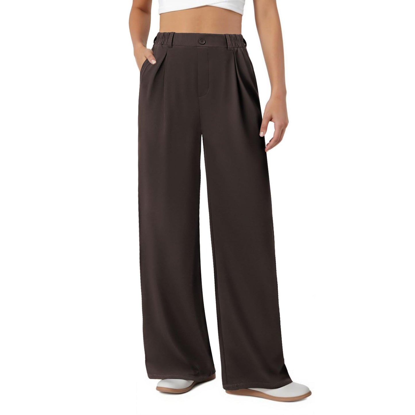 COPYLEAF Womens Dress Pants Wide Leg Stretchy Work Pants with Pockets Elastic Waist Pleated Front Business Casual Slacks(Brown M)