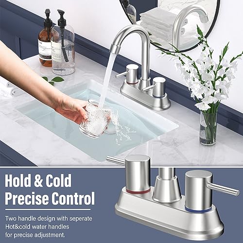 Bathroom Faucets for Sink 3 Hole, Brushed Nickel Bathroom Sink Faucet 4 Inch 2 Handle Centerset,360 Swivel Spout Faucet for Bathroom Sink 2-3 Hole RV Bathroom Vanity Sink,with Pop Up Drain