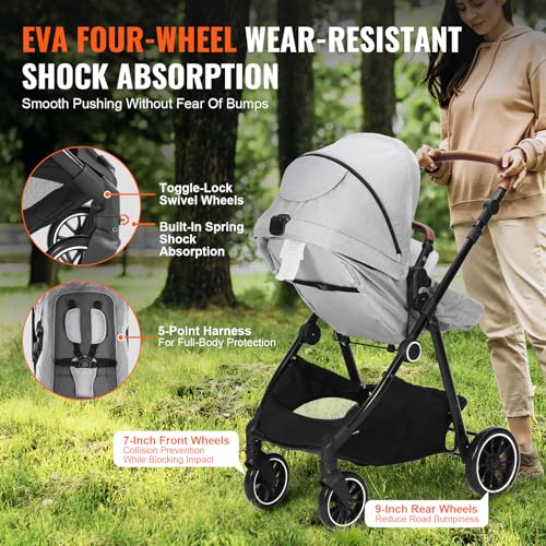 VEVOR Standard Baby Stroller, Infant Toddler Stroller with Bassinet, 3rd-Gear Adjustable Backrest & Foldable & Reversible Seat, Carbon Steel Newborn Stroller with Leg Cover and Mesh Net, Light Grey