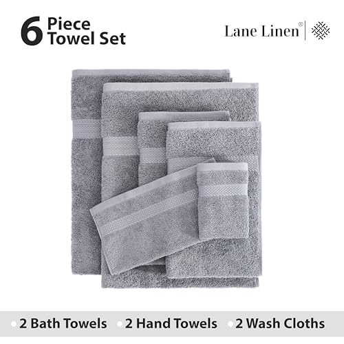 LANE LINEN Grey Bath Towels for Bathroom Set - 100% Cotton 6 Pc Towels Set, Absorbent Bathroom Towel Set, 2 Bath Towels, 2 Hand Towels, 2 Wash Cloths for Your Body and face - Grey Bath Towels Set