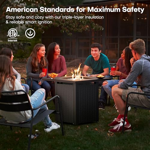 LEGACY HEATING Zeta 1 28in Propane Fire Pit Table, 50,000BTU Outdoor Gas Fire Pit, 2 in 1 Firepit Table w/ Lid, Lava Rock, ETL Certified Steel Fire Table add Warmth to Parties on Backyard, Black