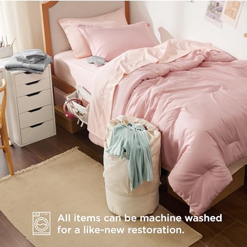 Bedsure Twin XL Comforter Set for College - 14 PCS Pink Dorm Bed Set, Bed in a Bag with Comforter, College Linens, Pillowcase & Sham, Towel, Mattress Protector, Bedside Caddy, Laundry Bag and Eye Mask