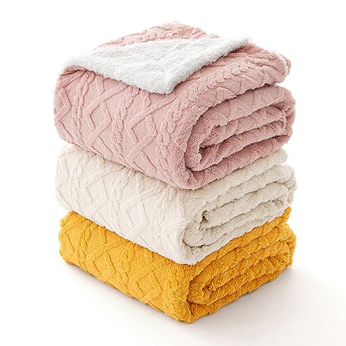 MIULEE Sherpa Blanket for Couch Sofa Chair, Thick Warm Reversible Sherpa Fleece with 3D Stylish Jacquard Weave Design, Super Soft Cozy Fluffy Plush Fuzzy Throw for All Season, 50x60, Beige