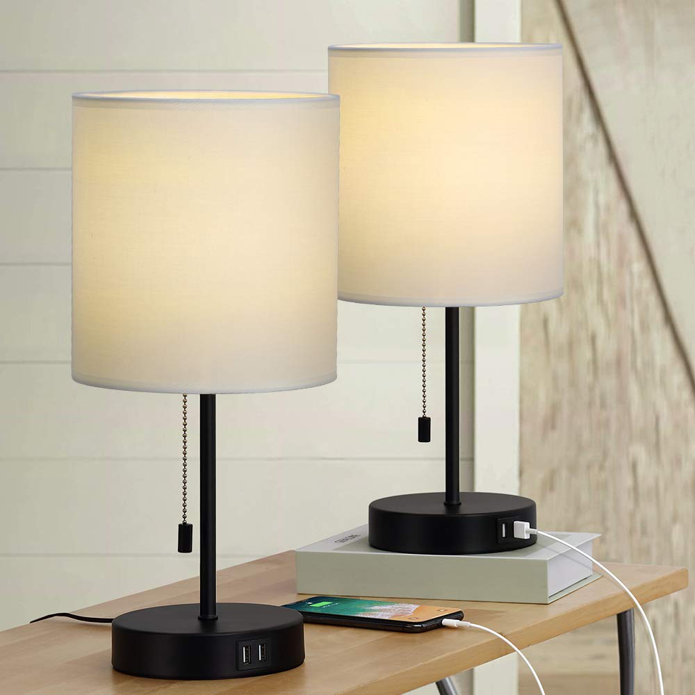 JS NOVA JUNS Table Lamps Set of 2, Bedside Lamps with Dual USB Quick Charging Ports, Desk Lamps with Metal Base White Fabric Lamp Shade for Bedroom Living Room Study Room Office Dressing Room