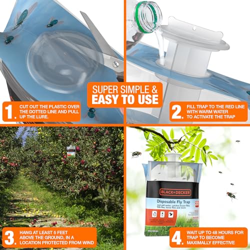 Black+Decker Fly Trap- Hanging Fly Traps Outdoor- Natural Non-Toxic Fly Catcher Attractant- Add Water to Catch House & Horse Flies in Garden, Backyard & Barn- 1 Trap, 20 Grams