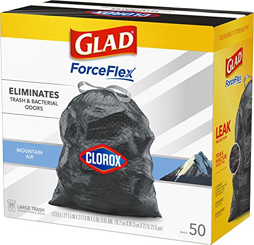 Glad Trash Bags, Large Drawstring Garbage Bags ForceFlex with Clorox, 30 Gallon Black Trash Bags, Mountain Air 50 Count (Package May Vary)