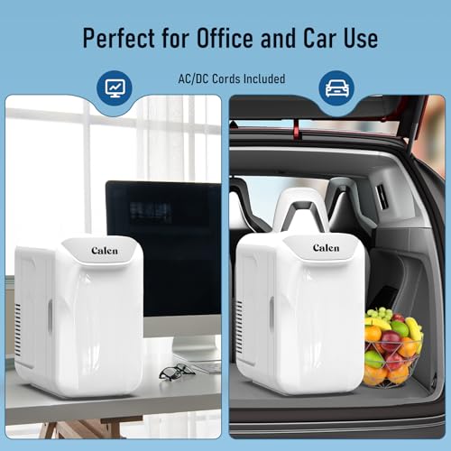 CALEN Mini Fridge with 2 Bottles, 6L/8 Cans Mini Fridge for Bedroom, Skincare Fridge 110V AC/12V DC Small Refrigerator for Food, Beverages, Cosmetics, Portable Mini Refrigerator for Office, Dorm, Car