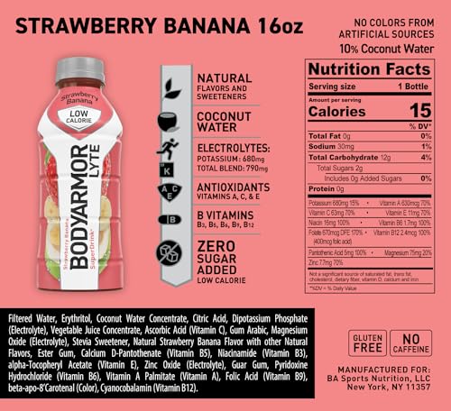 BODYARMOR LYTE Sports Drink Low-Calorie Sports Beverage, Strawberry Banana, Coconut Water Hydration, Natural Flavors With Vitamins, Potassium-Packed Electrolytes, Perfect For Athletes, 16 Fl Oz (Pack of 12)