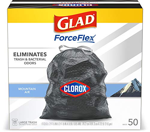 Glad Trash Bags, Large Drawstring Garbage Bags ForceFlex with Clorox, 30 Gallon Black Trash Bags, Mountain Air 50 Count (Package May Vary)