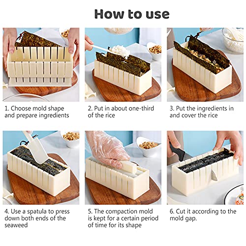 HI NINGER Sushi Making Kit- All In One Sushi Set 10 Piece Plastic Sushi Maker Tool with 8 Different Shapes of Sushi Rice Roll Mold Shapes Fork Spatula DIY home Sushi Tools- Off-white
