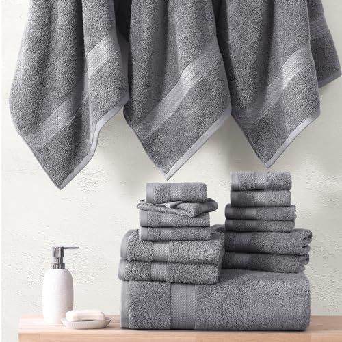 LANE LINEN Grey Bath Towels for Bathroom Set - 100% Cotton 6 Pc Towels Set, Absorbent Bathroom Towel Set, 2 Bath Towels, 2 Hand Towels, 2 Wash Cloths for Your Body and face - Grey Bath Towels Set