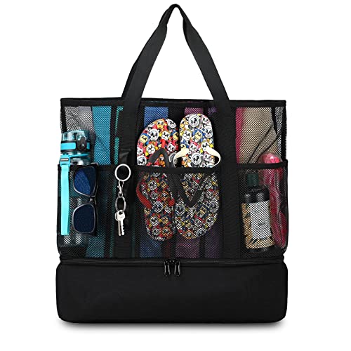 Mesh Beach Bag with Insulated Cooler and Pockets
