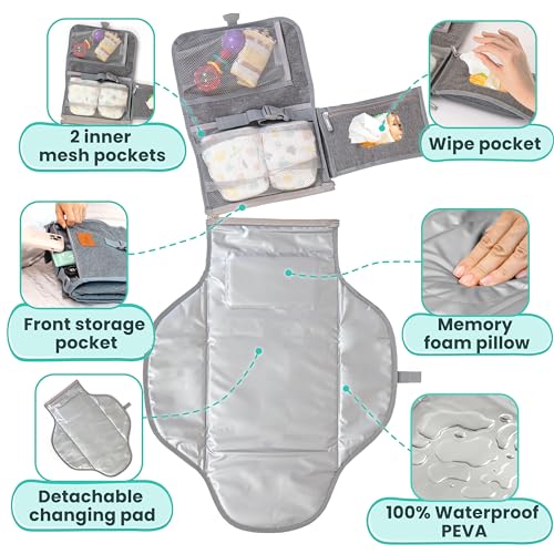 Portable Changing Pad for Baby, Travel Diaper Changing Pad for Newborn, Large Waterproof Baby Changing Mat, Foldable & Detachable Diaper Changing Station with Baby Wipes Pockets, Baby Stuff by Pillani