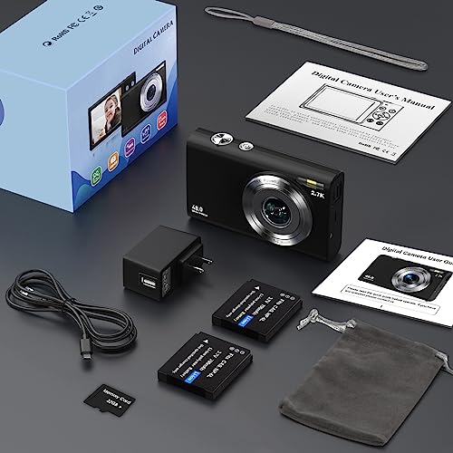Jckduhan 2.7K HD 48MP Digital Camera - Auto Focus, 16X Zoom, 32GB Memory Card, 2 Batteries, YouTube Vlogging Camera for Kids, Teens, Adults