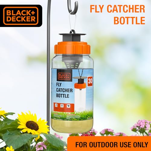 BLACK+DECKER Fly Trap & Fly Catcher Bottle- Outdoor Reusable Hanging Fly Trap with Natural Non-Toxic Bait Add Water to Catch House & Horse Flies in Garden, Backyard & Barn 30-Gram Trap