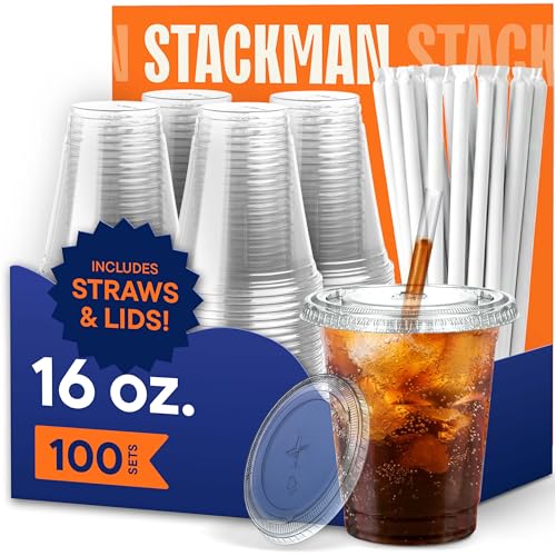 100 Pack Disposable 16 oz Plastic Cups with Lids