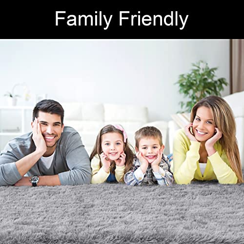DETUM Grey Rug 6x9 Feet - Fluffy Gray Area Rugs for Bedroom Shaggy 6' X 9' Living Room Rug Soft Rugs for Kids Room Non-Slip Nursery Office Dorm Washable Carpets Home Decor