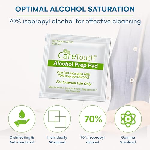 Care Touch Alcohol Wipes - Individually Wrapped Alcohol Prep Pads with 70% Isopropyl Alcohol, Great for Medical & First Aid Kits - Sterile, Antiseptic 2-Ply Rubbing Alcohol Pads - 100 Count