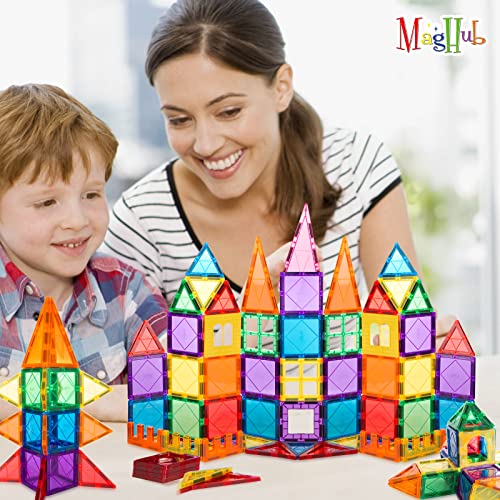 MagHub Magnetic Tiles 65 Piece Colorful Magnetic Blocks Set with car, Unique Clear 3D Magnetic Building Blocks for 3+ Years Old Boys and Girls, STEM Construction Preschool Magnets for Kids Toddlers