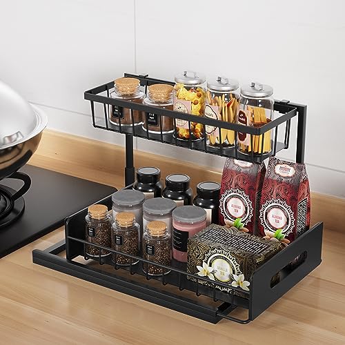 coastal rose Under Sink Organizer and Storage, 2 Tier Under Sink Cabinet Basket Storage Shelf with Sliding Drawers, Multi-Purpose Storage Shelf for Kitchen Bathroom,Black