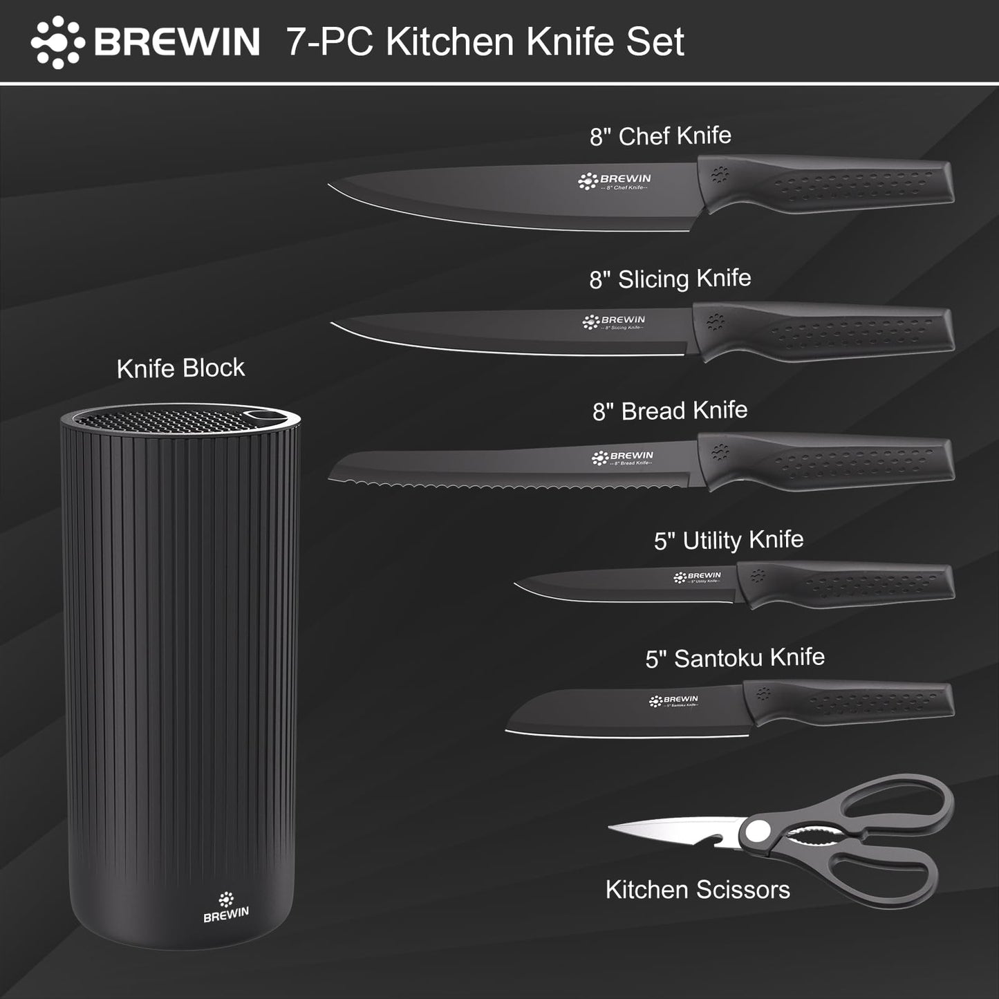 Brewin Knife Set, Kitchen Knife Set, Knives Set for Kitchen with Universal Knife Block, Utility Knife Block Set, Dishwasher Safe. Premium German Stainless Steel, The Best Gift, Black